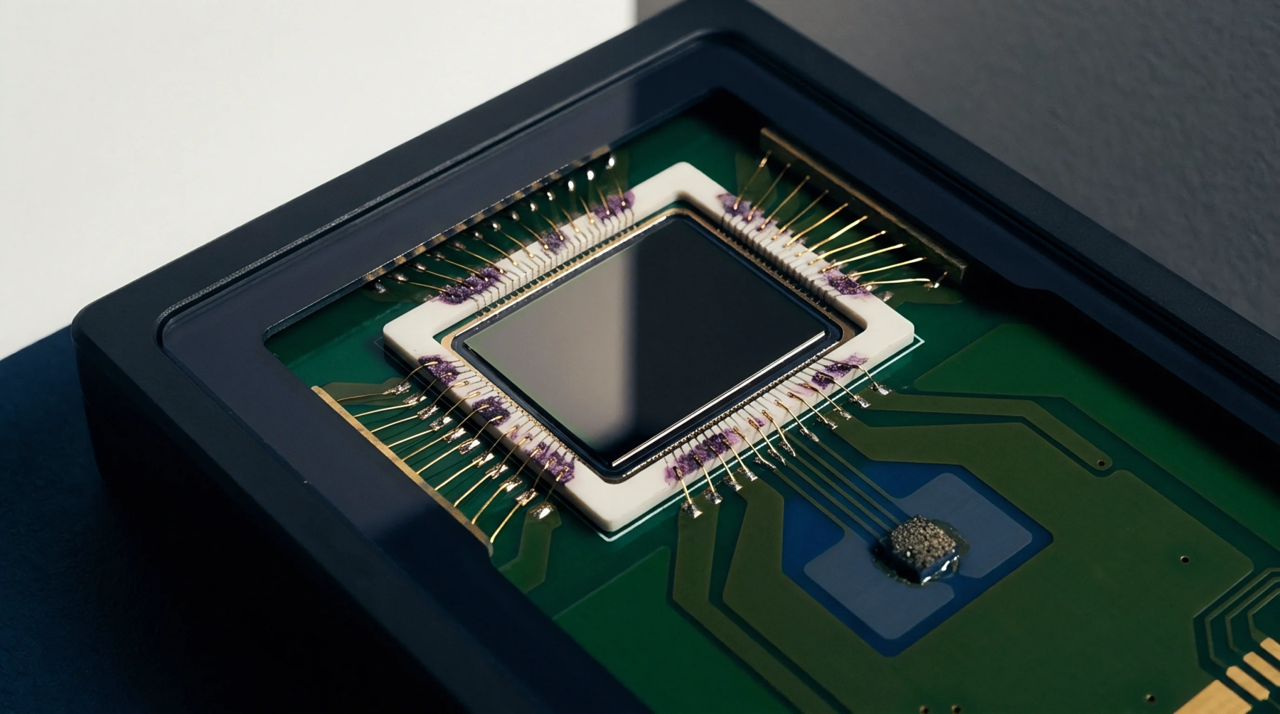 A packaged sensing component featuring gold wire bonds connects to a green circuit board within a dark protective housing, resting on a bright surface.