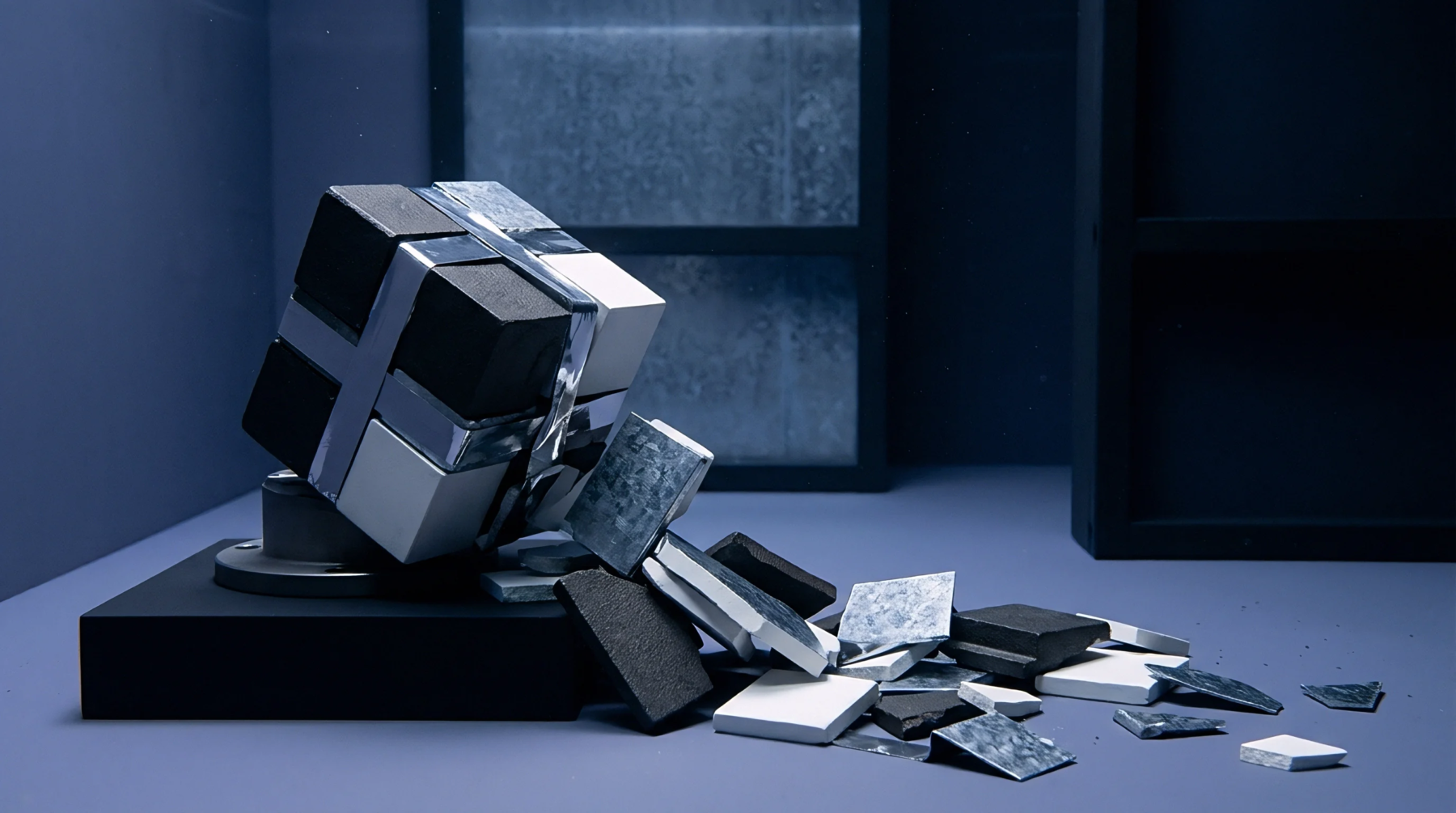 Multi material composite housing blocks lie shattered on a flat surface below a partially disintegrated cube mounted on a test fixture.