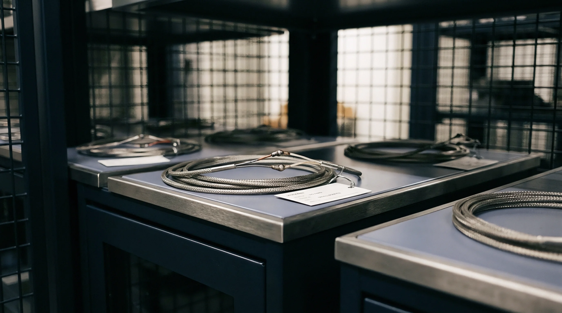 Braided metal thermocouple leads coiled on blue work surfaces feature identification tags and precision connectors within a caged industrial storage facility.
