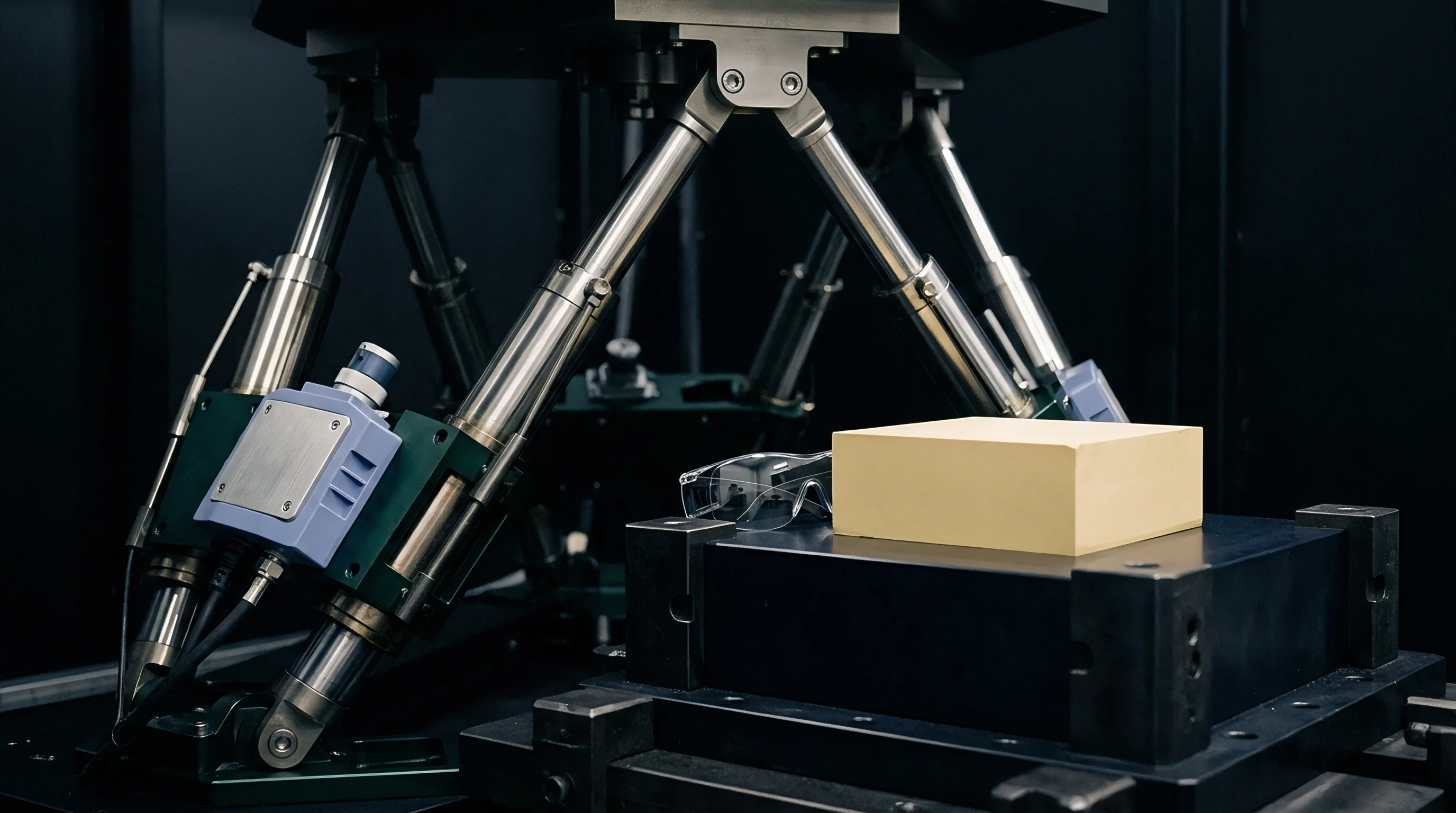 A six axis hexapod robotic manipulator positions a specialized sensor head above a stationary rectangular calibration block within an industrial production environment.